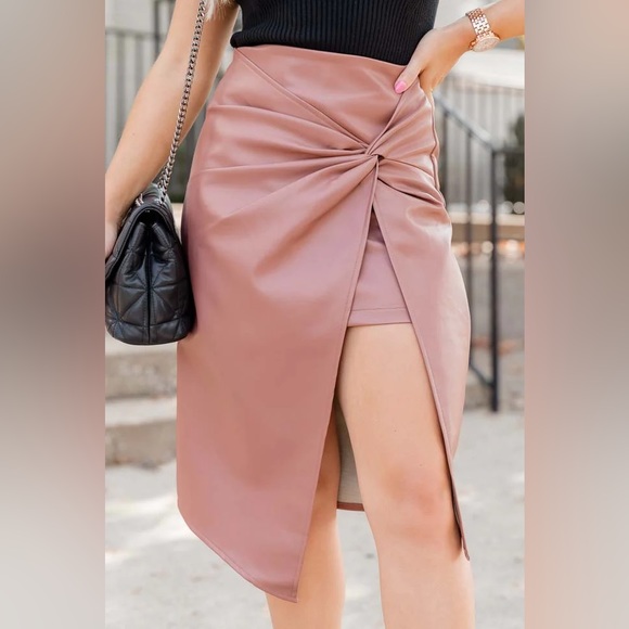 A True Mystery Brown Faux Leather Twist Front Midi Skirt - Picture 1 of 1
